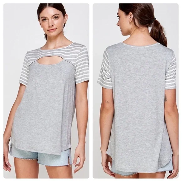 New Heather Gray Short Sleeve Top,Keyhole Front With Striped Contrast Sleeves - Picture 2 of 7